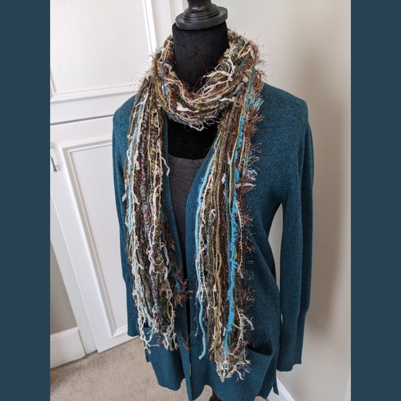 Handmade Fringe Scarf - Teal Aqua Blue Green Gray White Brown Gold Flowy Chic - Picture 9 of 13